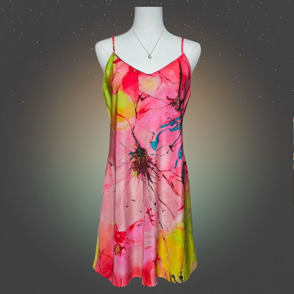Natori Private Luxuries Pink Abstract Satin Slip Dress Lingerie Nightgown M